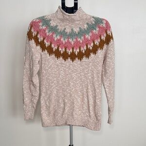 L.L. Bean Sweater Oatmeal Marl Fair Isle Cotton Funnel Neck Size Small